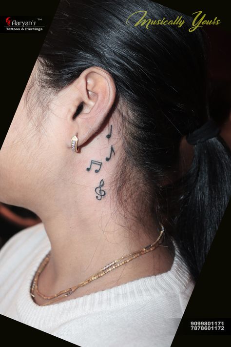 "Music notes near Ear" Stylish Small Tattoos, Aaryans Since 2010. Safe and Hygienic Body Piercing Painless Tattooing World Class Tattoos, Best Quality in Art Call/Whatsapp 9099801171 7878601172 Music Wrist Tattoos, Celtic Tattoo For Women, Small Music Tattoos, Behind Ear Tattoos, Music Notes Tattoo, Ear Tattoo Ideas, Neck Tattoos Women, Music Tattoo Designs, Note Tattoo