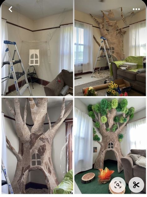 Tree House Reading Nook, Fall Decorations Daycare, Diy Indoor Treehouse, Forest Theme Playroom, Where The Wild Things Are Room, Forest Reading Nook, Tree In Corner Of Room, Enchanted Living Room, Playroom Tree