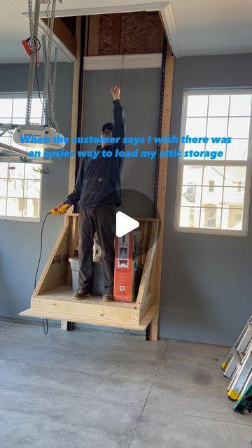 Spoiled Rotten Homes - Oakland County Deck Builder on Instagram: "Who wants to have a storage elevator in their garage?" Behind Garage Ideas, Attic Space Storage Ideas, Garage Elevator Lift, Garage To Workshop Conversion, Garage Lift Ideas, Garage Lift Storage, Garage Bench Ideas, Stair Lift Ideas, House Lift Elevator