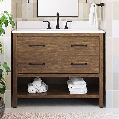 allen + roth Lenhart 42-in Warm Walnut Undermount Single Sink Bathroom Vanity with White Natural Veining Engineered Stone Top in the Bathroom Vanities with Tops department at Lowes.com 42in Bathroom Vanity, 42 Inch Bathroom Vanity Ideas, Bathroom Vanity 36”, 42” Bathroom Vanity, Small Vanity Ideas Bathroom, Transitional Powder Room Ideas, Transitional Modern Home, Natural Wood Bathroom Vanity, Walnut Bathroom Vanity