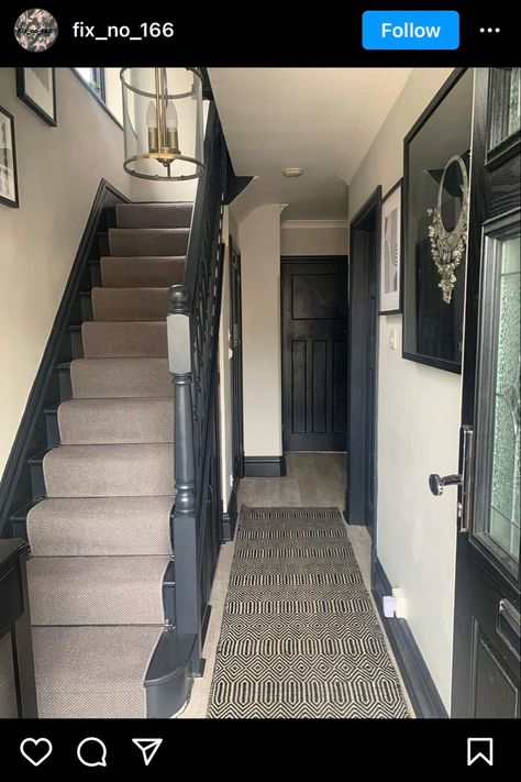 Black Skirting Boards White Walls, Dark Grey Skirting Boards, Black Skirting Boards Hallway, Dark Skirting Boards Light Walls, Dark Skirting Boards, Black Skirting Boards, Black And Beige Hallway, Painted Skirting Boards, Grey Skirting Boards