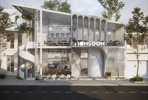 [MONSOON CAFE] on Behance Exterior Design Cafe, Cafe Building Design, Cafe Architecture Exterior, Restaurant Exterior Design Modern, Cafe Entrance Design, Cafe Architecture Design, Cafe Facade Design, Cafe Design Exterior, Modern Cafe Exterior