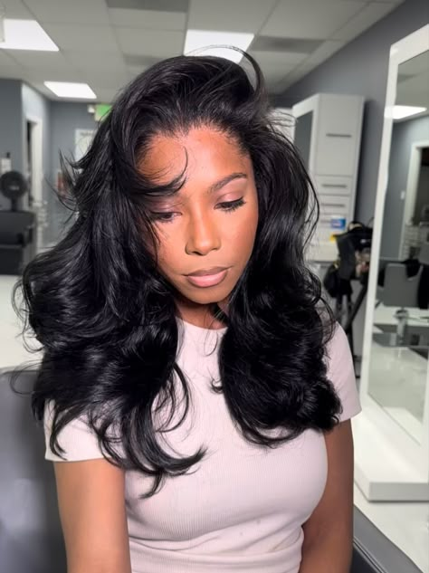 Layered Sew In Hairstyles, Short Sew In With Layers, Fluffy Hair Women Long, Flip Over Method Sew In, Big Hair Black Women, Flip Over Sew In, Sew In Hairstyles, Blowout Hair, Flat Iron Hair Styles