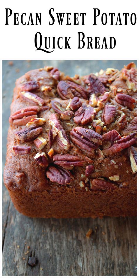 Pecan Sweet Potato Quick Bread made with sweet potatoes, chopped pecans, warm Fall spices and real maple syrup. It's the perfect Fall treat. via @https://www.pinterest.com/BunnysWarmOven/bunnys-warm-oven/ Sweet Potato Pecan Bread, Sweet Potato Quick Bread, Sweet Pecans, Fast Bread, Baking Hobby, Sweet Potato Pecan, Bread Sweet, Sweet Potato Bread, Potato Bread