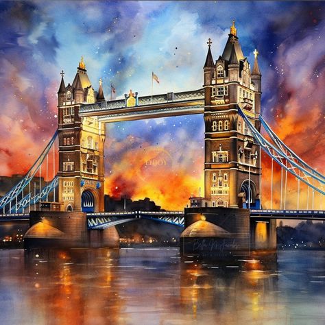 Thames River London, Thames River, Bridge Painting, Tower Bridge London, Digital Screen, Bridge Design, Sunset Landscape, Setting Sun, London Bridge