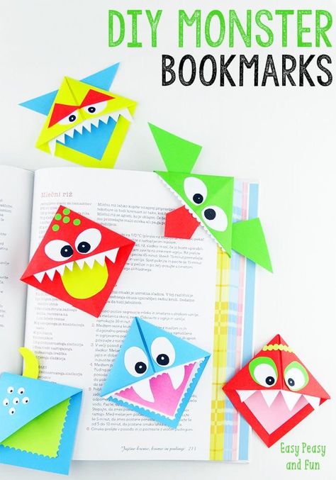 DIY Corner Bookmarks - Cute Monsters - Easy Peasy and Fun Diy Corner Bookmarks, Monster Bookmark, Origami Bookmarks, Diy Monsters, Monster Crafts, Origami For Beginners, Folding Origami, Quilled Creations, Corner Bookmarks