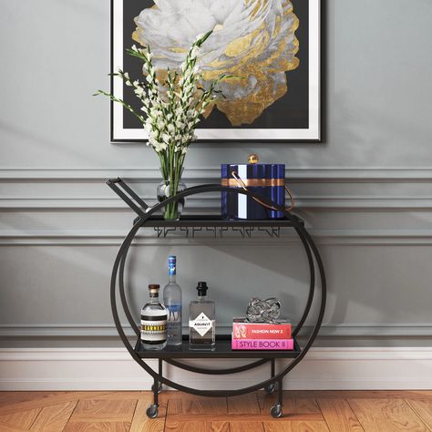 Willa Arlo Interiors Bray Bar Cart & Reviews | Wayfair Unique Bar Cart, Black Bar Cart, Circular Bar, Wine Glass Storage, Wood Bar Cart, Modern Bar Cart, Metal Bar Cart, Glass Bar Cart, Stemware Rack