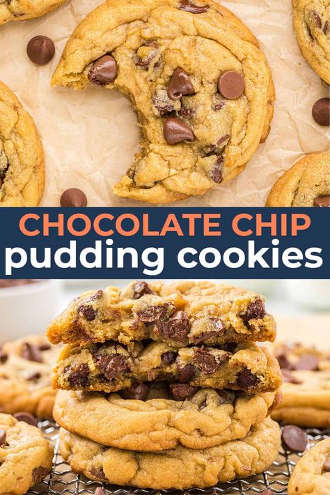 Our bakery style Chocolate Chip Pudding Cookies are incredibly soft and chewy thanks to the not-so-secret ingredient: instant pudding mix! The pudding adds a deep buttery vanilla flavor and gives these cookies that thick bakery style texture we love! Cookie Recipes Chocolate, The Best Oatmeal, Chocolate Chip Pudding, Chocolate Chip Pudding Cookies, Cookies Peanut Butter, Amazing Cookies, Simple Cookies, Pudding Cookies, Dessert Cookies