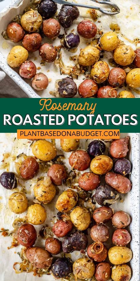 These deliciously colorful Roasted Rosemary Potatoes are the perfect side! Excellent for complimenting your favorite mains. #plantbasedonabudget #rosemary #potatoes Roasted Small Potatoes, Small Potatoes Recipe, Rosemary Garlic Potatoes, Vegan Scalloped Potatoes, Vegan Stuffed Mushrooms, Easy Roasted Potatoes, Rosemary Roasted Potatoes, Small Potatoes, Potatoes In Oven