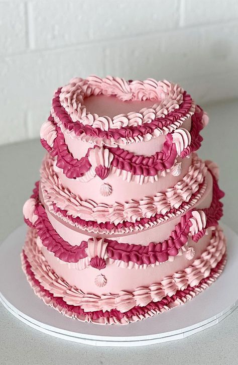 cake ideas, lambeth cake, vintage cake vintage style cake, buttercream cake, vintage buttercream cake, birthday cake ideas Tiered Heart Cake, Cake Decorating Pink, Vintage Style Cake, Lambeth Cake, Cake Birthday Cake, Heart Cakes, Pink Retro, Heart Cake, Vintage Cake