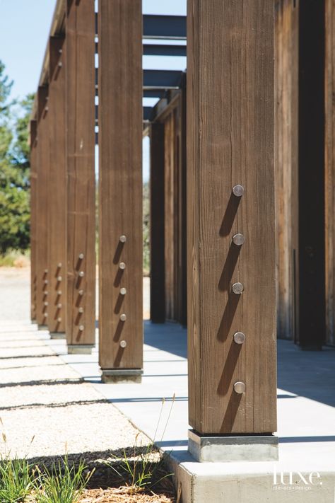 A Modern Napa Valley Home Connects To The Outdoors | Luxe Interiors + Design Field Architecture, Concrete Island, Wood Column, Metal Beam, Concrete Coffee Table, Custom Coffee Table, Timber Beams, Glass Backsplash, Luxurious Home