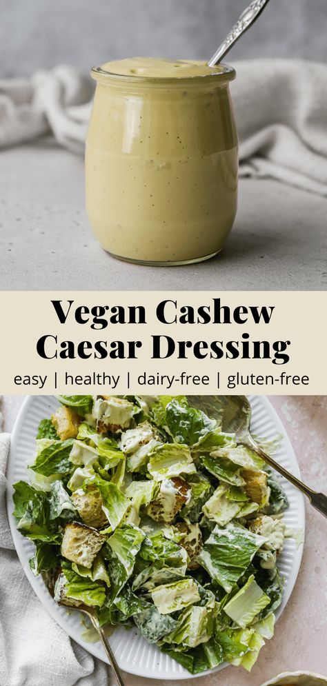 Vegan Caesar Dressing With Cashews & Capers | Walder Wellness, Dietitian (RD) Ceaser Dressing Recipe, Vegan Caesar Salad Dressing, Walder Wellness, Healthy Caesar Salad, Caesar Salad Dressing Recipe, Vegan Caesar Dressing, Capers Recipe, Vegan Caesar Salad, Vegan Caesar