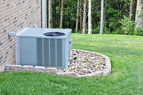 I really like this idea for dressing up the HVAC. Right now we're trying to regrow the grass around it without much luck. have considered A/C Unit covers but nothing looks good. Landscaping Around House, Rock Bed, Ranch Exterior, House Yard, Home Landscaping, Garden Yard Ideas, Landscaping Company, Deck Garden, Yard Work