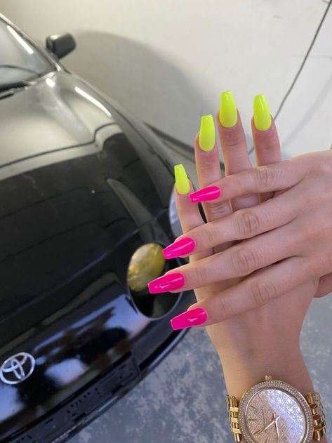 pink and yellow nails, long nails, summer nails, neon nails, neon pink and neon yellow nails