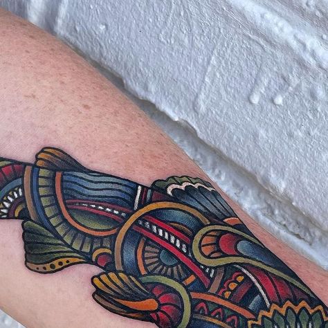 𝘼𝙅 𝙈𝘾𝙂𝙐𝙄𝙍𝙀 on Instagram: "Trout with a fun pattern inside for Chris. Thanks for getting this one from me, man! I appreciate you letting me do my thing with the color. Everyone, please keep the fishing tattoos coming! Tattooed @deaddrifttattoodenverco #brightandbold #boldwillhold #flyfishingtattoo #fishingtattoo #fishing #flyfishing #onthefly #fishtattoo #denver #denvertattoo #denvertattooartist #deaddrifttattoo #colorado #coloradoflyfishing #coloradotattoo #coloradotattooartist #fishing Trout Mountain Tattoo, Fishing Tattoo For Men, Trout Tattoos For Men, Fine Line Trout Tattoo, Fish Tattoo Trout, Rainbow Trout Tattoo Traditional, Men’s Fishing Tattoos, Trout Tattoo, Fly Fishing Tattoo