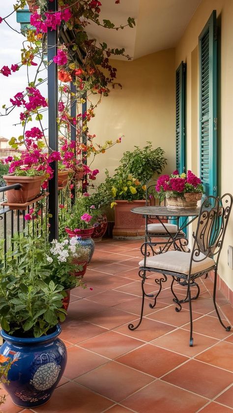 Mediterranean Style Balcony, Mediterranean Garden Furniture, Turkish Balcony, Bougainvillea Balcony, Balcony Tiles Ideas, Terracotta Terrace, Potted Bougainvillea, Spanish Balcony, Romantic Terrace