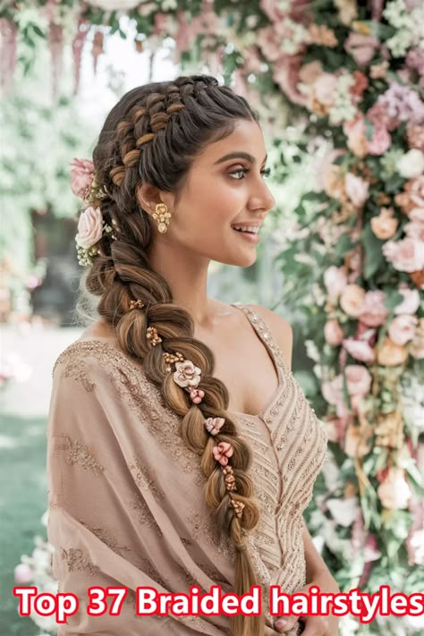 Explore the beauty of Indian braided hairstyles that blend tradition with modern flair. This enchanting double braid adorned with flowers is perfect for weddings, festivals, or casual outings. Detailed weaving techniques highlight the elegance of your hair, making it a mesmerizing choice for any occasion. Get inspired to embrace your roots and elevate your style with this stunning look! Braid Hairstyle Indian Wedding, Braids Indian Hairstyles, Indian Braided Hairstyles, South Indian Wedding Hairstyles, Indian Braids, Flower Braids, Fabric Shops, Messy Braids, Indian Wedding Hairstyles