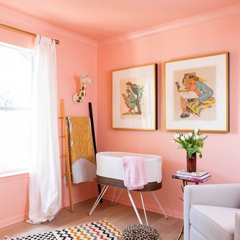 A punchy nursery painted from head to toe in Pop - a bright, peach paint color from Clare that's vibrant and fresh! This peachy pink is the perfect nursery paint color for those who aren't afraid to go bold. Design by @allison.crawford via instagram. #paint #Paintcolors #nursery #nurserycolors Nice Houses Dream Homes, Small Home Interior Design, Small Home Interior, Peach Living Rooms, Peach Rooms, Peach Bedroom, Pink Painted Walls, Pink Accent Walls, Pink Bedroom Walls