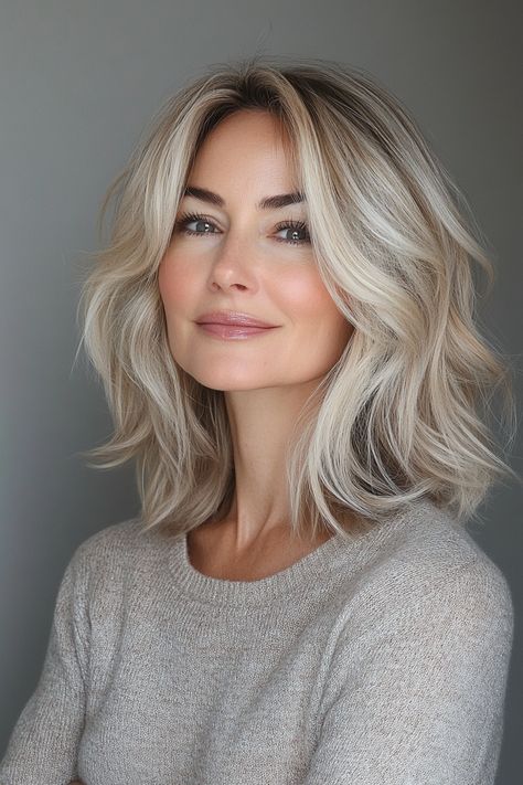 Layer Lob Haircut, Women’s Shoulder Length Hair Styles, Mid Length Blonde Hair With Layers, Blonde Transition, Mid Long Hair, Gray Long Hair, Mid Length Blonde Hair, Blonde Long Layers, Over 50 Hairstyles For Women