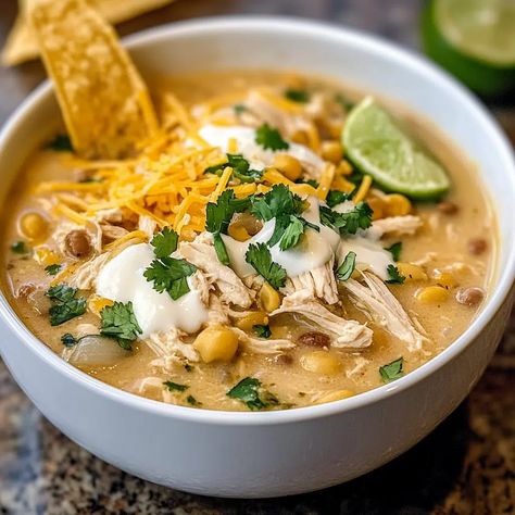 Creamy Crockpot White Chicken Chili Recipe - Fall Dessert Recipes Easy, Cheesy Rice, Crockpot White Chicken Chili, Corn Chicken, White Chili Chicken Recipe, Money Budget, Mexican Corn, Crescent Roll Recipes, Chicken Chili Recipe