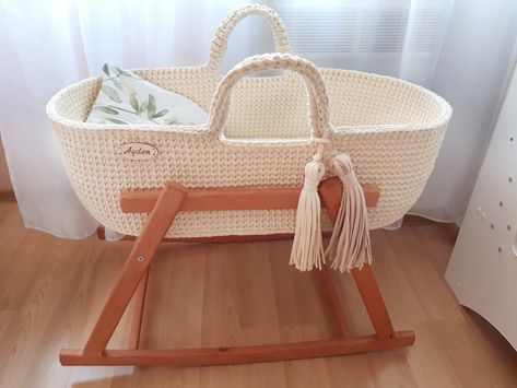 Creamy crochet baby bassinet with stand,  mattress and decorative pillow. Crochet Baby Nursery, Hanging Crib Mobile, Moses Basket Bassinet, I Am A Mother, Hanging Crib, Baby Moses, Gender Neutral Nursery Decor, Baby Moses Basket, Baby Shower Gift Basket