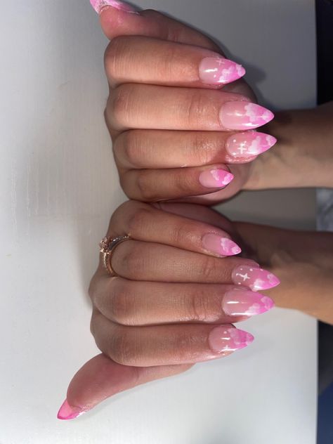 Pink Clouds Nails, Pink Sky Nails, Cloud Nails Acrylic, Pink Cloud Nails, Cloud Nail Designs, Nail Ideas Spring, Pink Nail Inspo, Cloud Nails, Almond Acrylic Nails Designs