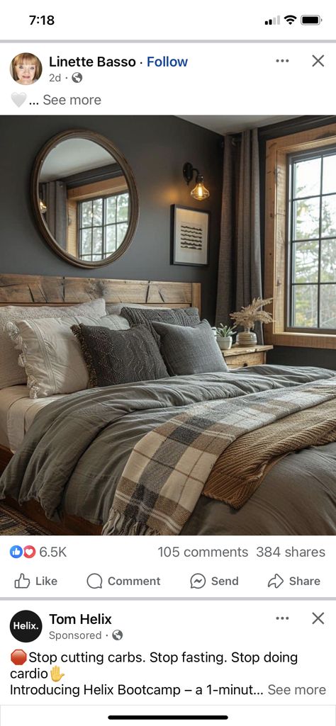 Cabin Bedroom, Bedroom Bliss, Brown Bedroom, Relaxing Bedroom, Bedroom Decor Design, Gray Bedroom, Master Bedrooms Decor, Rustic Bedroom, Remodel Bedroom