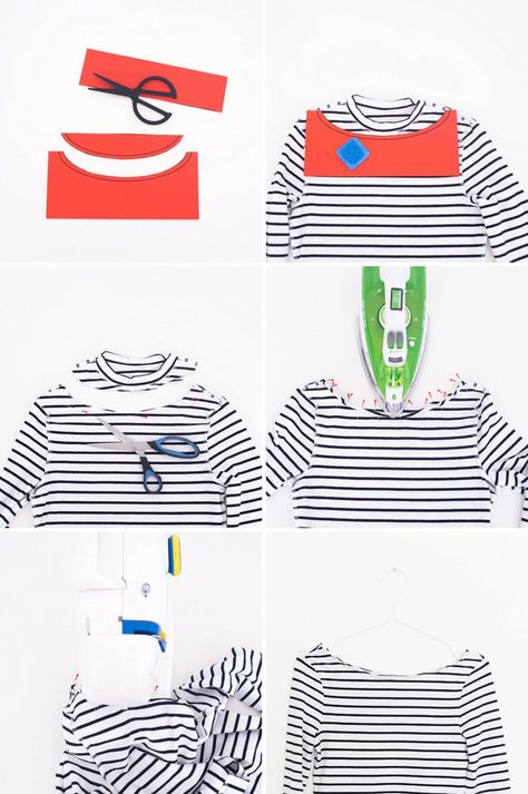 Update Your Old Tee and Dress Like a French Girl | Brit + Co Boatneck Shirt, T Shirt Upcycle, High Neck Shirts, Boat Neck Shirt, Sewing Courses, Make Your Own Clothes, Shirt Diy, Sewing Gifts, Diy Shirt