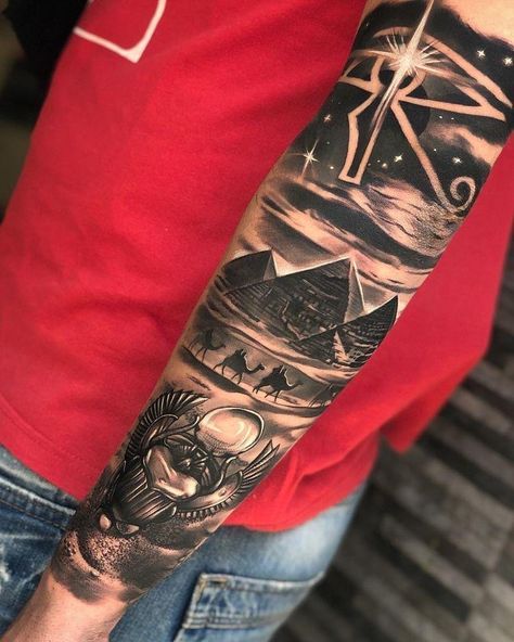 African Sleeve Tattoo, Egypt Tattoo Design, Egyptian Eye Tattoos, Egyptian Tattoo Sleeve, Egypt Tattoo, Men Tattoos Arm Sleeve, Cool Forearm Tattoos, Alien Tattoo, Chest Piece Tattoos