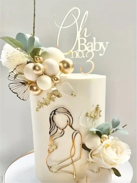 Cake For Baby Shower, Boho Baby Shower Cake Ideas, Gender Reveal Cake Ideas Boho, White And Gold Baby Shower Cake, Pink And Gold Baby Shower Cake, White Golden Cake Design, Cake For Pregnant Women, Gold Baby Shower Cake, Baby Shower Cake Designs