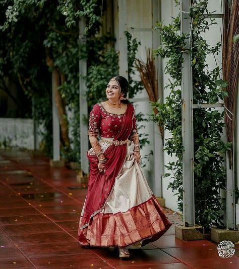 Engagement Dress In Kerala, Half Saree Pics Poses, Half Saree Photo Poses, Red Dhavani, Kerala Traditional Engagement Dress, Hindu Engagement Dress Kerala, Half Saree Poses Photoshoot Ideas, Davani Half Saree Kerala, Kerala Half Saree Designs