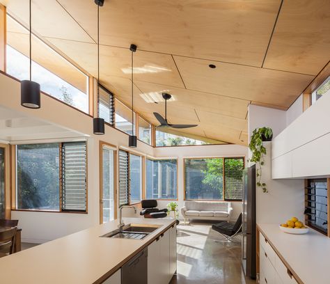 Plywood Ceiling, Skillion Roof, Plywood Interior, Custom Kitchens Design, Timber Ceiling, Plywood Furniture, Roof Design, Ceiling Design, House Inspiration