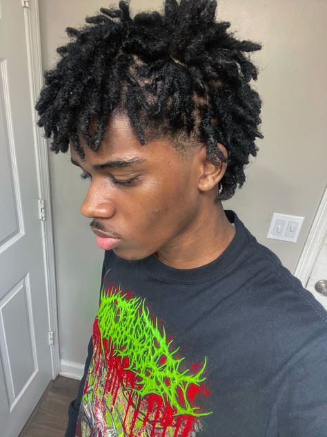 Dread Mullet Men, Freeform Locs Black Man, Fluffy Locs Men, Loc Mullet Men, Dreads Mullet, Small Comb Coil Starter Locs, Twist Mullet, Low Taper Locs, Loc Inspo Men