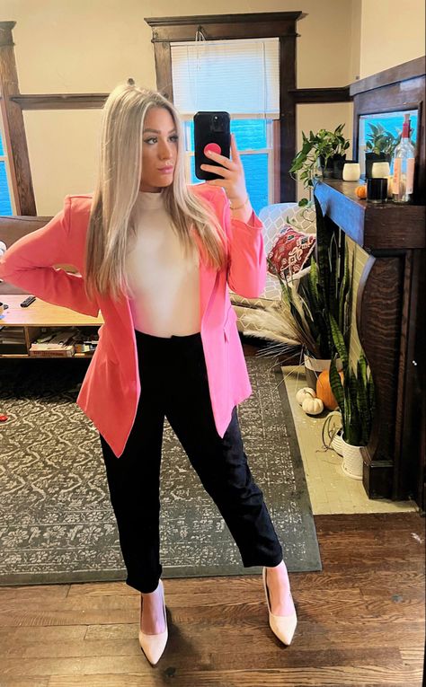 Hot pink blazer. Office dress pants. Office Workwear. Office heels. Pink office blazer. White bodysuit for office Womens work outfit Pink Workwear, Office Heels, Hot Pink Blazer, Hot Pink Blazers, Home Bar Accessories, Office Workwear, Business Woman Successful, Pink Office, Heels Pink