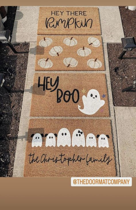 Custom Door Mat Ideas, Fall Outdoor Rug Ideas, Spooky Craft Night, Door Matts Ideas Diy, Painting Door Mats, Door Mat Painting Diy Halloween, Doormat Ideas Halloween, Diy Door Mat Halloween, Diy Fall Rug