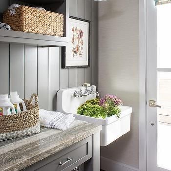 Laundry Room with Horizontal Shiplap Wall - Transitional - Laundry Room Vintage Wall Mount Sink, Cottage Laundry, Gray Cottage, Cottage Laundry Room, Grey Laundry Rooms, White Laundry Rooms, Laundry Room/mud Room, Vintage Laundry Room, Laundry Room Sink