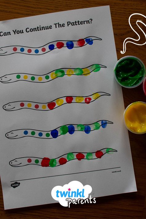 Use these lovely Fingerprint Activity Sheets to help develop children's maths skills. Your child can use fingerprints to continue a two colour repeating pattern along the snake's body. Who knew that learning could be so fun? Grab your paints and dive into this crafty, educational activity today. #PatternWorksheet #CompleteThePattern #PatternActivity #HomeLearning #EYFSPrintable The Rainbow Serpent Activities, Fingerprint Activity, Preschool Activity Sheets, Numeracy Activities, Pattern Snake, Animal Activities For Kids, Ab Patterns, Rainbow Serpent, Pattern Worksheet