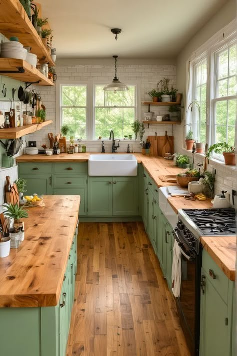 Sage Green Kitchen, Casa Country, Cottage Kitchens, Green Cabinets, Kitchen Inspiration Design, Kitchen Themes, Kitchen Redo, Cottage Kitchen, Green Kitchen