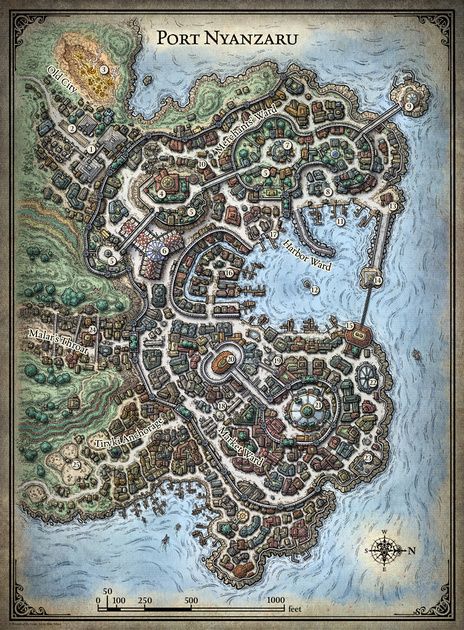 Tomb of Annihilation; Port Nyanzaru - 5E (Digital) $2 Port Nyanzaru, Tomb Of Annihilation, Fantasy City Map, Fantasy Map Making, Village Map, Map Layout, Dnd World Map, Fantasy Town, Imaginary Maps