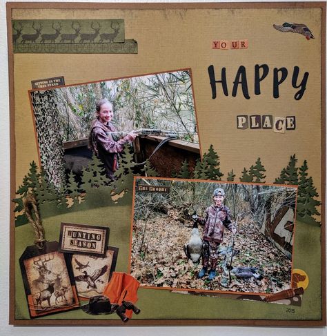 Cabin Scrapbook Layouts, Hunting Scrapbook, Hunting Scrapbook Layouts, Wildlife Scrapbook Ideas, Hunting Scrapbook Pages, Deer Hunting Scrapbook Layouts, Hiking Layouts Scrapbooking Ideas, Military Scrapbook, Masculine Scrapbook