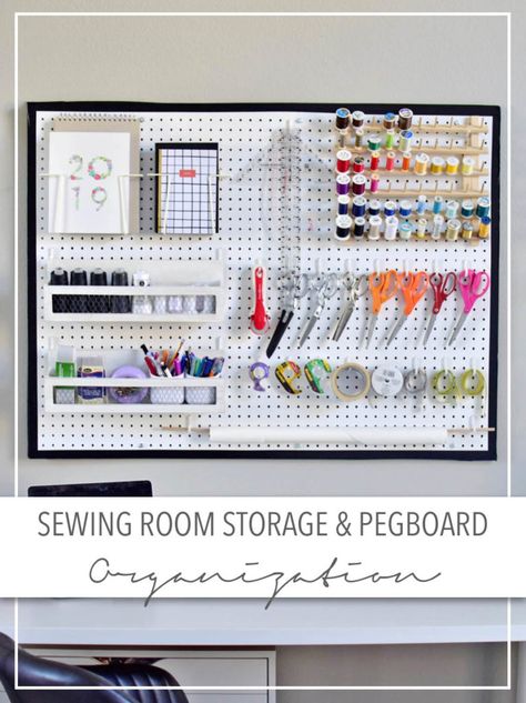 Sewing Room Storage and Pegboard Organization • theStyleSafari Understairs Pantry, Pegboard Room, Sewing Room Ideas, Pegboard Craft Room, Peg Boards, Pegboard Display, Pegboard Storage, Ikea Organization, Sewing Room Storage