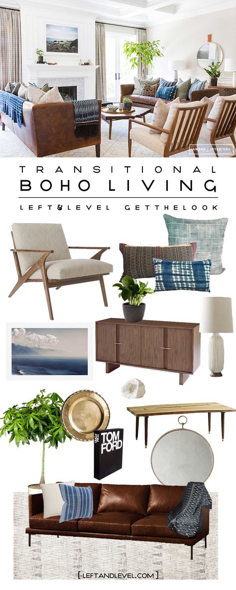 Transitional Boho Living | Get the Look - Left & Level Boho Transitional, Transitional Boho, Brown Couch Living Room, Living Room Transitional, Transitional Decor Bedroom, Transitional Decor Style, Modern Rustic Living Room, Transitional Decor Living Room, Summer Decorations