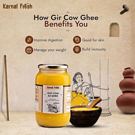 Dairy Products Creative Ads, Ghee Poster Design, Desi Ghee Creative Ads, Ghee Creative Ads, Ghee Packaging Design, Organic Rice Packaging, Cow Ghee Benefits, Benefits Of Ghee, Gir Cow