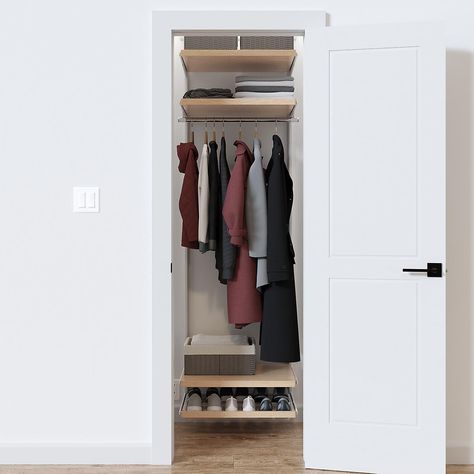 Elfa Decor 2' Birch & White Entry Closet | The Container Store Small Entry Closet Ideas, Affordable Closet Systems, Entry Closet Ideas, Elfa Shelving, Front Closet, Closet Solutions, Coat Closet Organization, Entry Closet, Entryway Closet