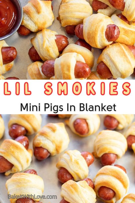 Lil Smokies Pigs In A Blanket Lil Smokies Crescent Rolls, Lil Smokies, Bbq Pig, Popular Appetizers, Sausage Dishes, Mini Bites, Crescent Dough, Dipping Sauces, Crescent Roll Dough