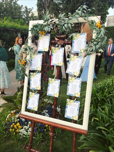 Seating chart at Italian destination wedding in Ravelo on the Amalfi Coast. Blue and yellow theme with lemons #amalficoast #destinationwedding #amalfi #ravello #placecards #italianwedding Italian Destination Wedding, Wedding Table Seating, Amalfi Coast Wedding, Yellow Theme, Theme Dress, The Amalfi Coast, Italian Summer, Seating Chart Wedding, Italian Wedding