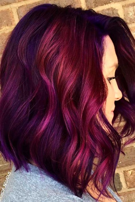 Rainbow Hair Ideas for Brunette Girls — No Bleach Required ★ See more: http://lovehairstyles.com/rainbow-hair-ideas-brunette-girls/ Magenta Hair Colors, Dark Purple Hair Color, Purple Balayage, Maroon Hair, Hair Color Pictures, Magenta Hair, Dark Purple Hair, Bob Hair Color, Plum Hair