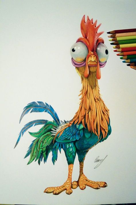 Funny Chickens Art, Cartoon Chicken Drawing Funny, Funny Rooster Drawing, Funny Chicken Paintings, Cartoon Chicken Cute, Roster Drawings, Whimsical Chicken Art Funny, Funny Chicken Illustration, Heihei Drawing