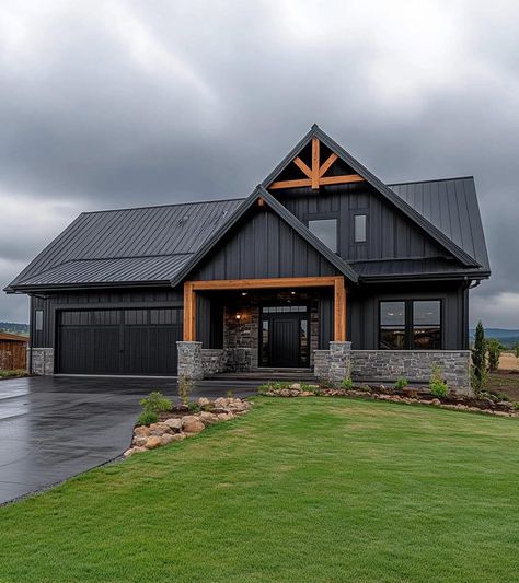 Black Siding Exterior, Black Pole Barn House, Black Pole Barns, Black Siding, Deck Railing Diy, Beautiful Houses Exterior, 8 House, Cabin Renovation, Timber Frame House