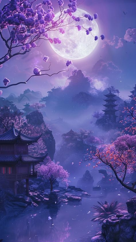 Beautiful Wallpapers Purple, Purple Flower Background Aesthetic, Chinese Purple Aesthetic, Purple Chinese Aesthetic, Purple Cute Background, Moon Wallpaper Purple, Purple Japanese Aesthetic, Moon And Star Aesthetic, Purple And Blue Wallpaper